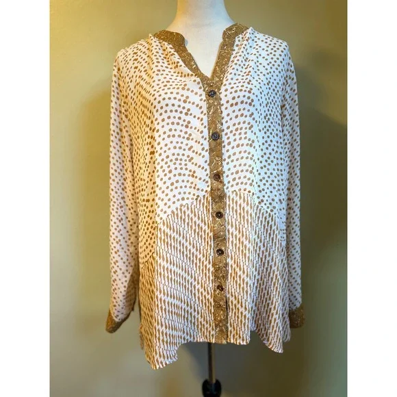 Soft Surroundings 2X  Top Shirt White Brown polka dot V‎ Neck Button boho whimsi - Picture 2 of 5